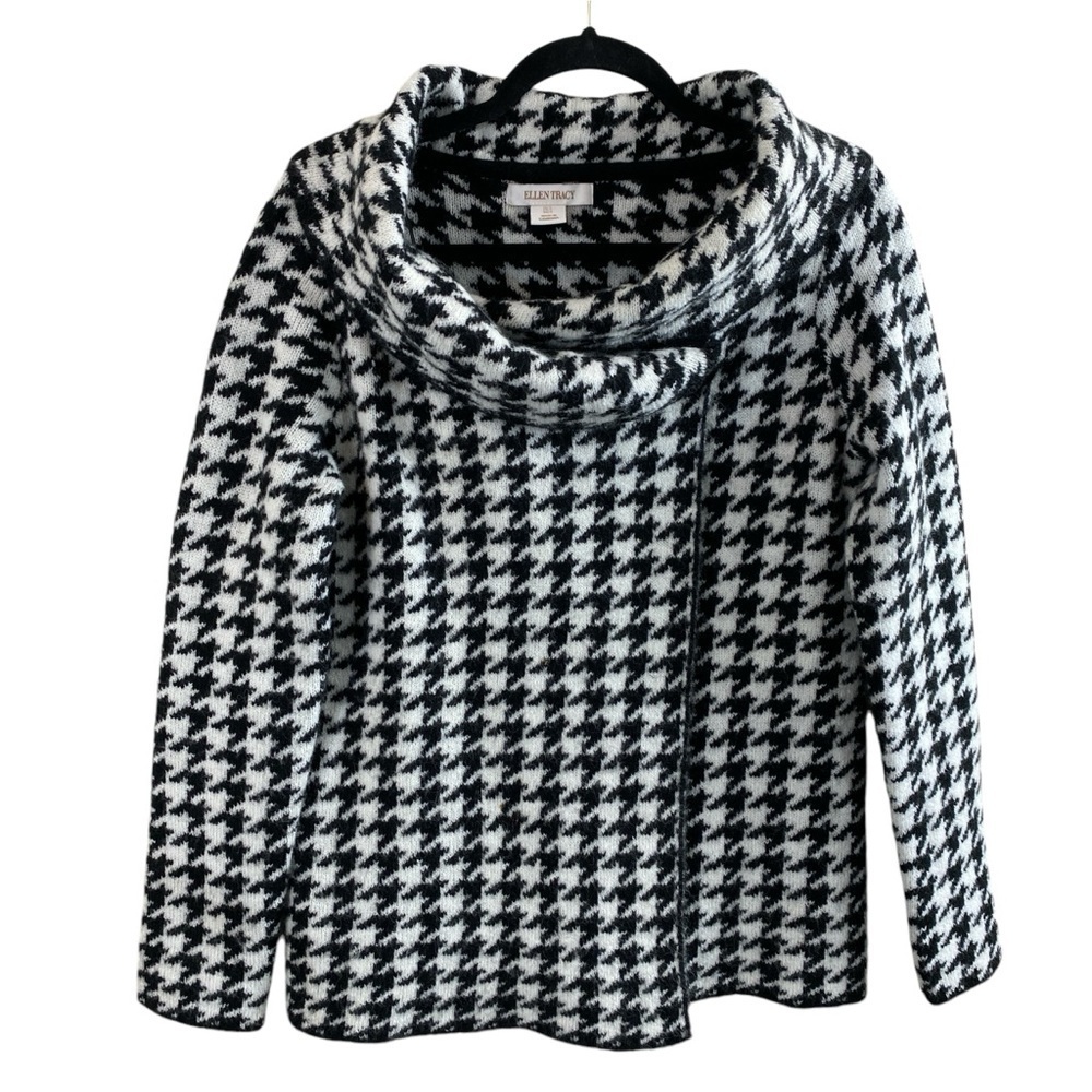 ELLEN TRACY Women’s Black White Wool Blend‎ Houndstooth One Button Cardigan Sz S